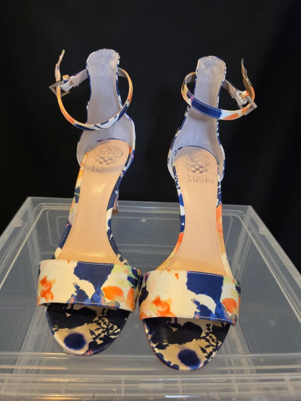 Vince Camuto Floral Ankle Strap Stiletto Heels Open Toe Multicolor Pumps